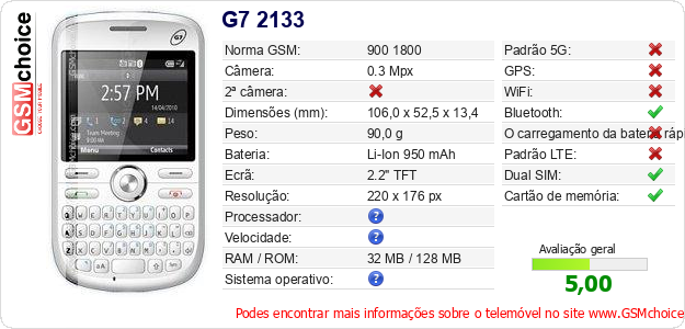 G7 2133 Especificações técnicas do telemóvel G7 2133 Especificações técnicas do telemóvel