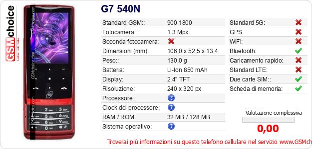 G7 540N Dati tecnici di telefono cellulare G7 540N Dati tecnici di telefono cellulare