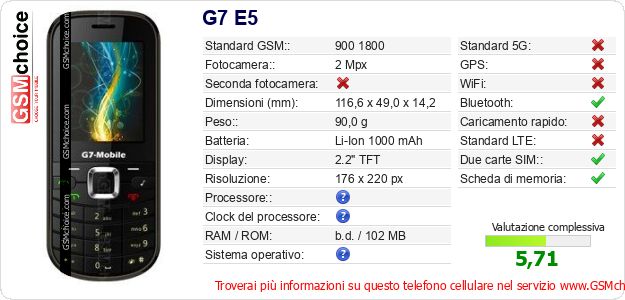 G7 E5 Dati tecnici di telefono cellulare G7 E5 Dati tecnici di telefono cellulare