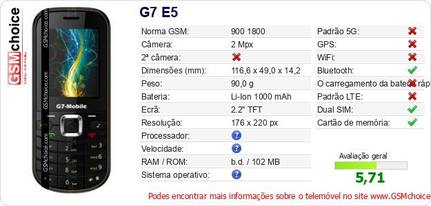 G7 E5 Especificações técnicas do telemóvel 