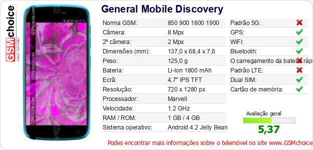 General Mobile Discovery Especificações técnicas do telemóvel General Mobile Discovery Especificações técnicas do telemóvel