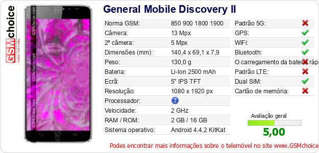 General Mobile Discovery II Especificações técnicas do telemóvel General Mobile Discovery II Especificações técnicas do telemóvel