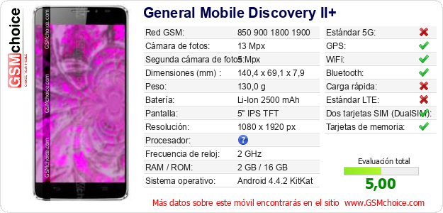 General Mobile Discovery II+ Datos técnicos del móvil General Mobile Discovery II+ Datos técnicos del móvil