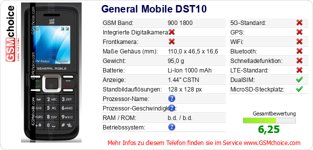 General Mobile DST10 technische Daten General Mobile DST10 technische Daten