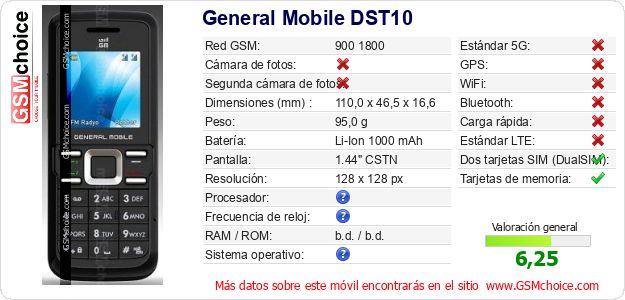 General Mobile DST10 Datos técnicos del móvil 
