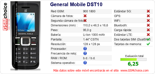 General Mobile DST10 Datos técnicos del móvil General Mobile DST10 Datos técnicos del móvil