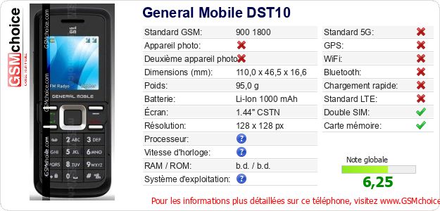 General Mobile DST10 Fiche technique
