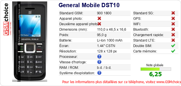 General Mobile DST10 Fiche technique