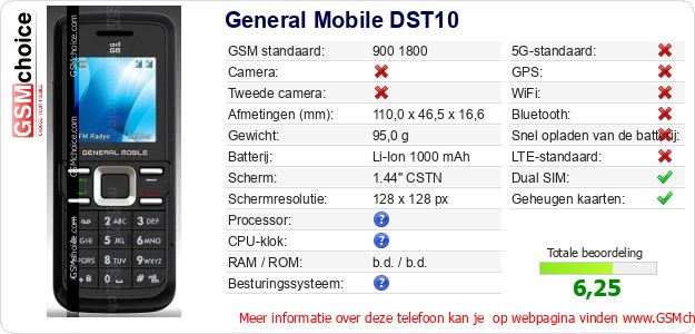 General Mobile DST10 Technische gegevens 