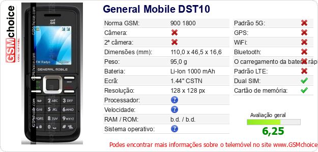 General Mobile DST10 Especificações técnicas do telemóvel General Mobile DST10 Especificações técnicas do telemóvel