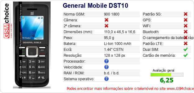 General Mobile DST10 Especificações técnicas do telemóvel General Mobile DST10 Especificações técnicas do telemóvel
