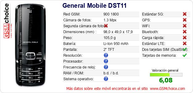 General Mobile DST11 Datos técnicos del móvil General Mobile DST11 Datos técnicos del móvil