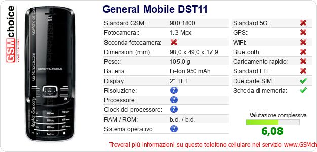 General Mobile DST11 Dati tecnici di telefono cellulare General Mobile DST11 Dati tecnici di telefono cellulare