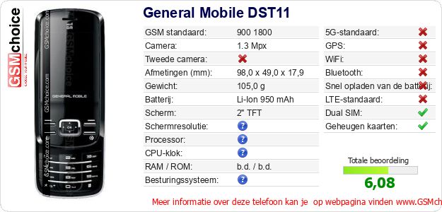 General Mobile DST11 Technische gegevens 