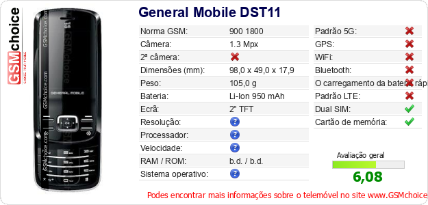 General Mobile DST11 Especificações técnicas do telemóvel General Mobile DST11 Especificações técnicas do telemóvel