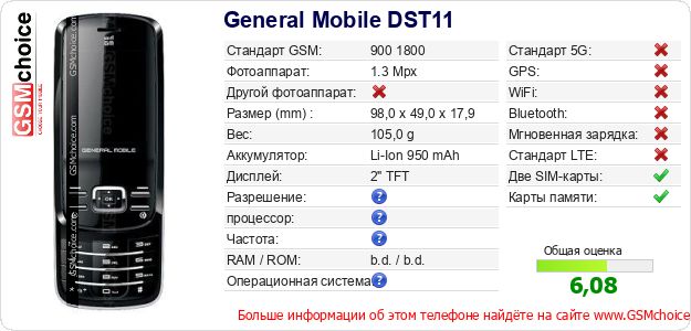 General Mobile DST11 Технические данные телефона General Mobile DST11 Технические данные телефона