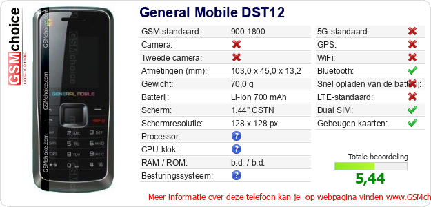 General Mobile DST12 Technische gegevens 