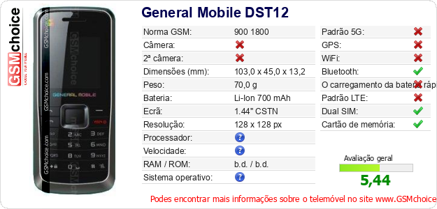 General Mobile DST12 Especificações técnicas do telemóvel General Mobile DST12 Especificações técnicas do telemóvel