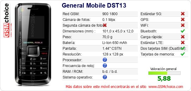 General Mobile DST13 Datos técnicos del móvil 