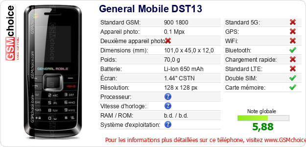 General Mobile DST13 Fiche technique