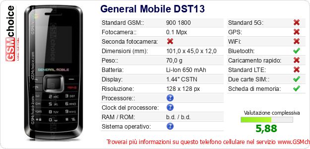 General Mobile DST13 Dati tecnici di telefono cellulare 
