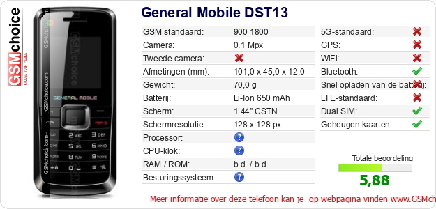 General Mobile DST13 Technische gegevens General Mobile DST13 Technische gegevens