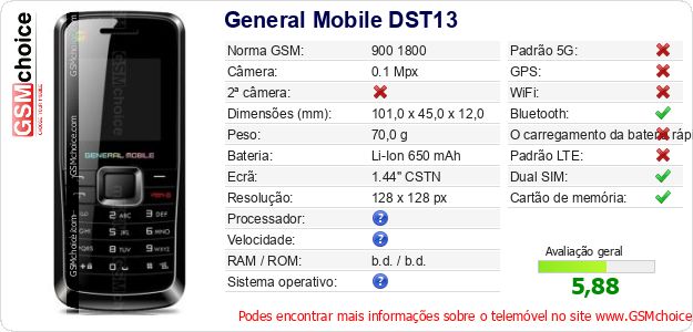 General Mobile DST13 Especificações técnicas do telemóvel 