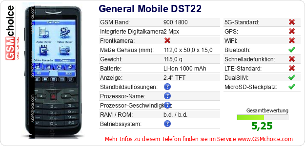General Mobile DST22 technische Daten General Mobile DST22 technische Daten