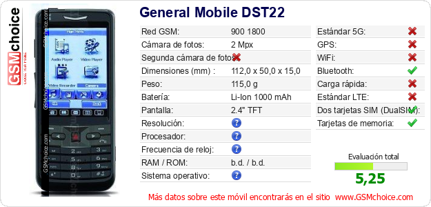 General Mobile DST22 Datos técnicos del móvil 