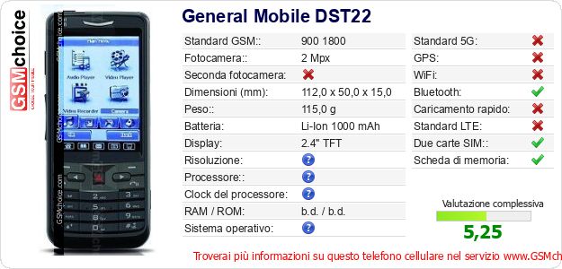 General Mobile DST22 Dati tecnici di telefono cellulare 