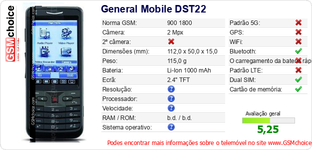 General Mobile DST22 Especificações técnicas do telemóvel General Mobile DST22 Especificações técnicas do telemóvel