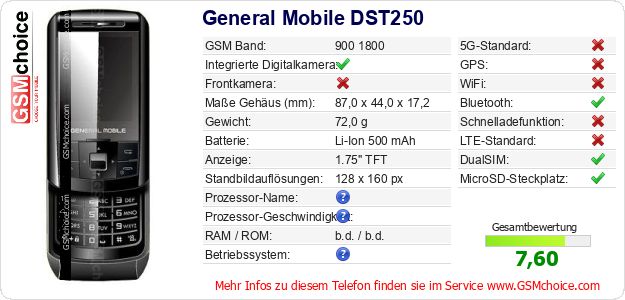 General Mobile DST250 technische Daten General Mobile DST250 technische Daten