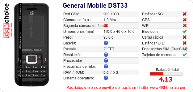 General Mobile DST33 Datos técnicos del móvil 