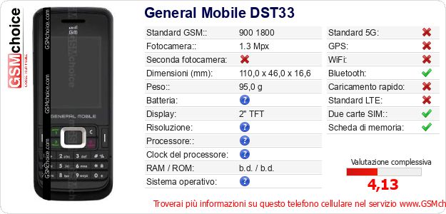 General Mobile DST33 Dati tecnici di telefono cellulare 