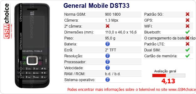 General Mobile DST33 Especificações técnicas do telemóvel 