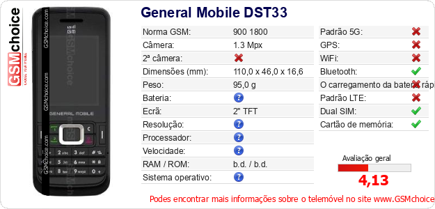 General Mobile DST33 Especificações técnicas do telemóvel 