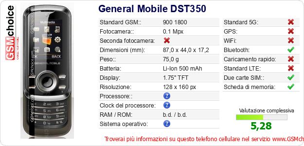 General Mobile DST350 Dati tecnici di telefono cellulare 