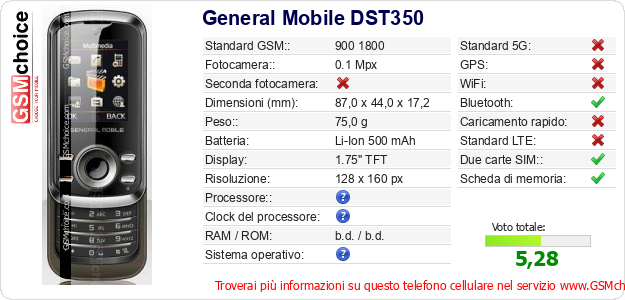 General Mobile DST350 Dati tecnici di telefono cellulare 
