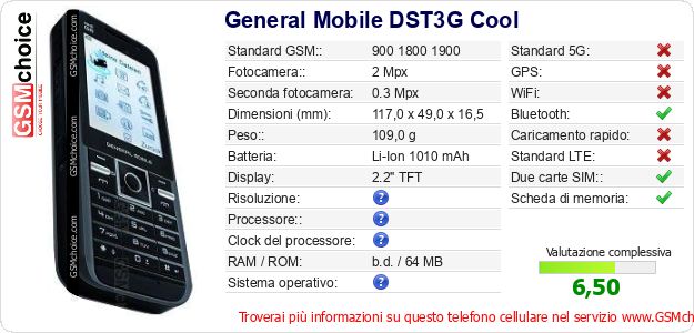 General Mobile DST3G Cool Dati tecnici di telefono cellulare General Mobile DST3G Cool Dati tecnici di telefono cellulare
