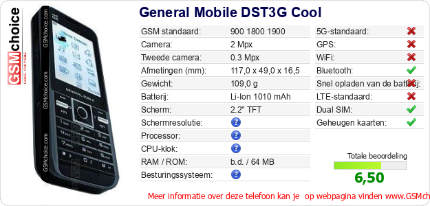 General Mobile DST3G Cool Technische gegevens 