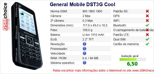 General Mobile DST3G Cool Especificações técnicas do telemóvel General Mobile DST3G Cool Especificações técnicas do telemóvel