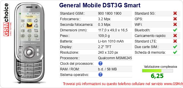 General Mobile DST3G Smart Dati tecnici di telefono cellulare 