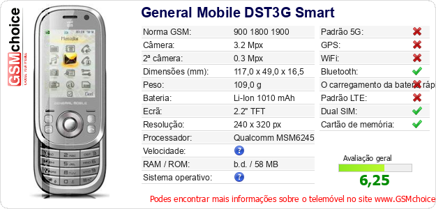 General Mobile DST3G Smart Especificações técnicas do telemóvel General Mobile DST3G Smart Especificações técnicas do telemóvel