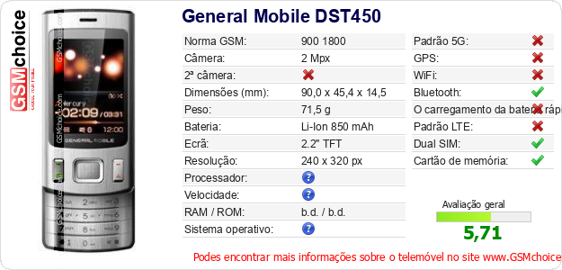 General Mobile DST450 Especificações técnicas do telemóvel General Mobile DST450 Especificações técnicas do telemóvel