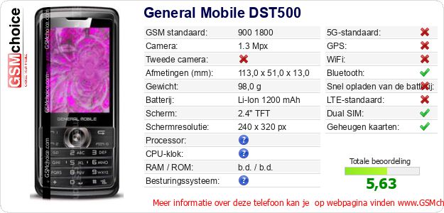 General Mobile DST500 Technische gegevens General Mobile DST500 Technische gegevens