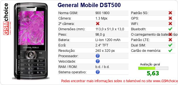 General Mobile DST500 Especificações técnicas do telemóvel 
