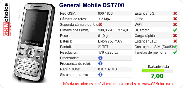 General Mobile DST700 Datos técnicos del móvil General Mobile DST700 Datos técnicos del móvil