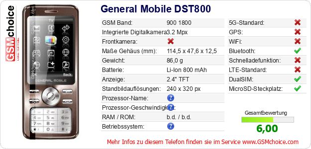 General Mobile DST800 technische Daten General Mobile DST800 technische Daten