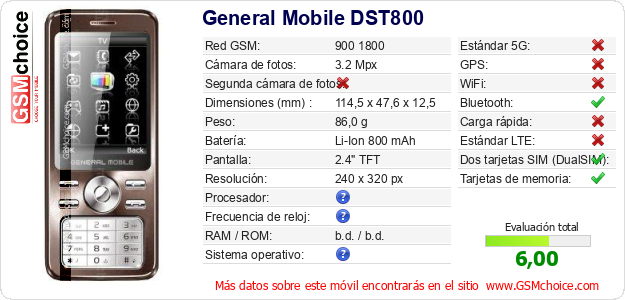 General Mobile DST800 Datos técnicos del móvil 
