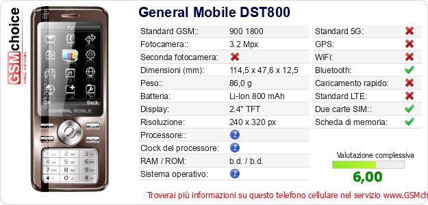 General Mobile DST800 Dati tecnici di telefono cellulare 
